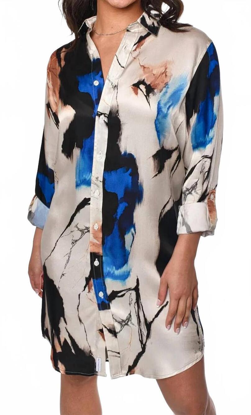 NEW EMILY PHILLIPS splatter tencel girlfriend mini dress in black and blue